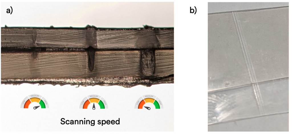 Through transmission laser welding of a 125 µm thick PC layer on a 180 µm PET layer